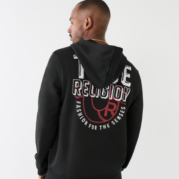 True Religion Brand Jeans Men's Black  Textured Graphic Zip-Up Hoodie Si… - Picture 1 of 15